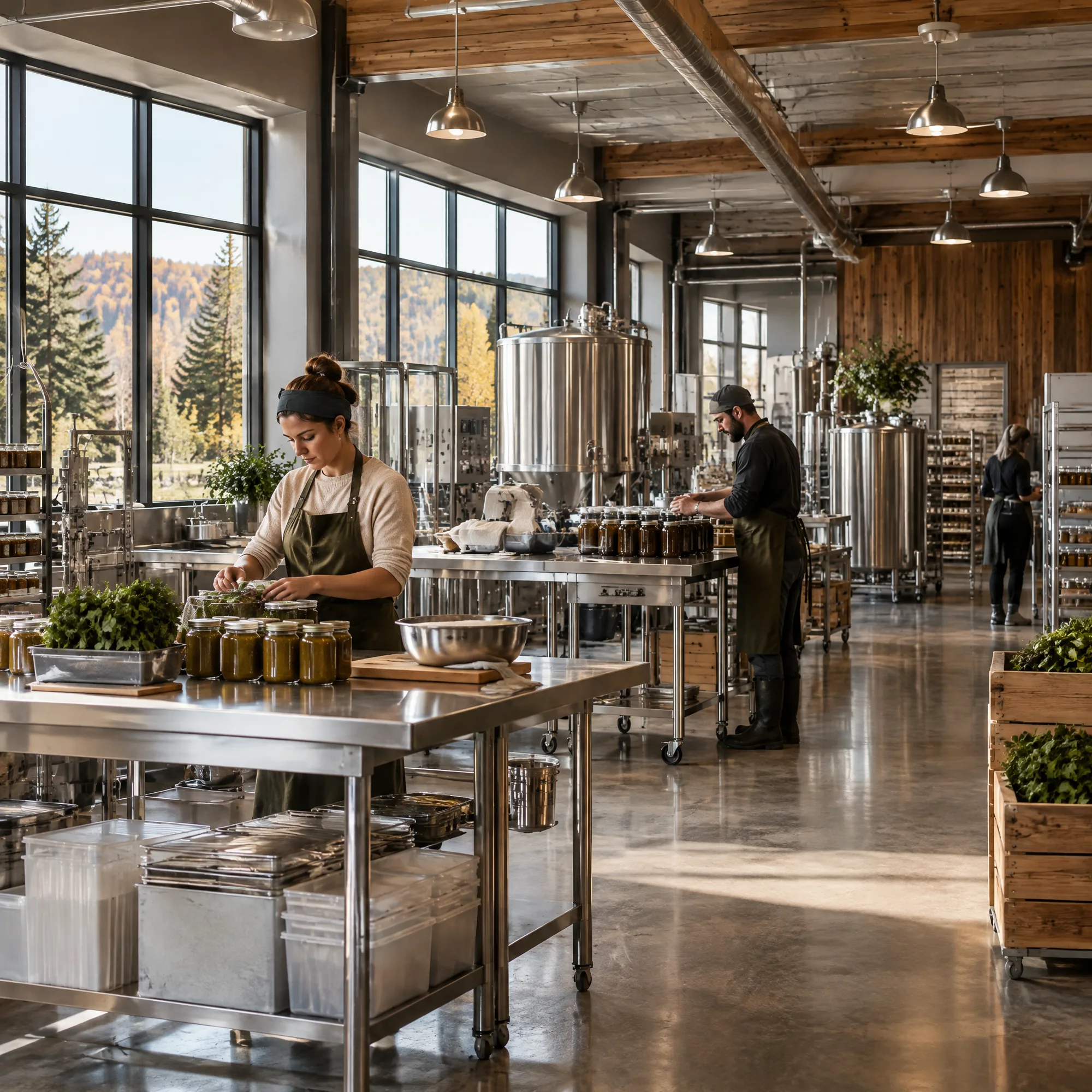 Vue d'ensemble d'un atelier de transformation alimentaire moderne, acier inoxydable et bois, lumière du matin.