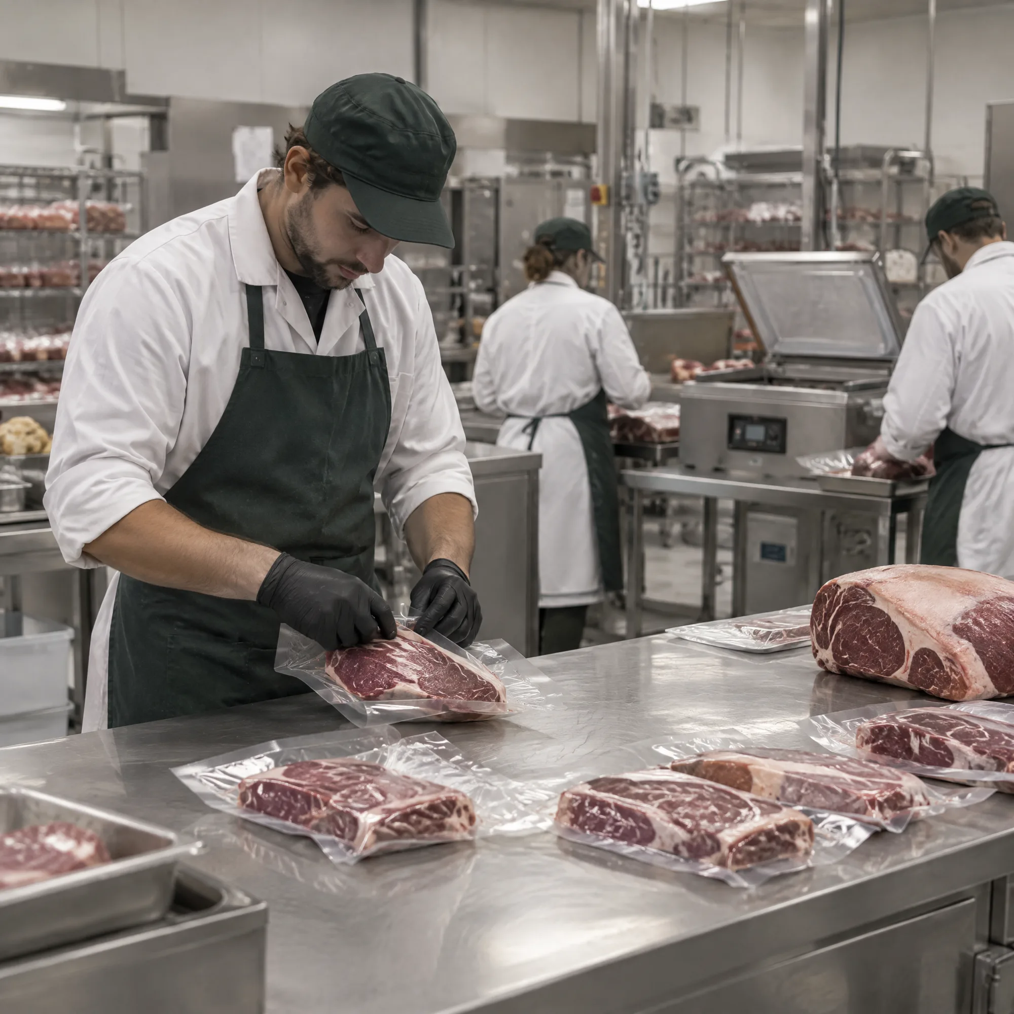 Intérieur d'un atelier de boucherie où des employés préparent des emballages sous vide.