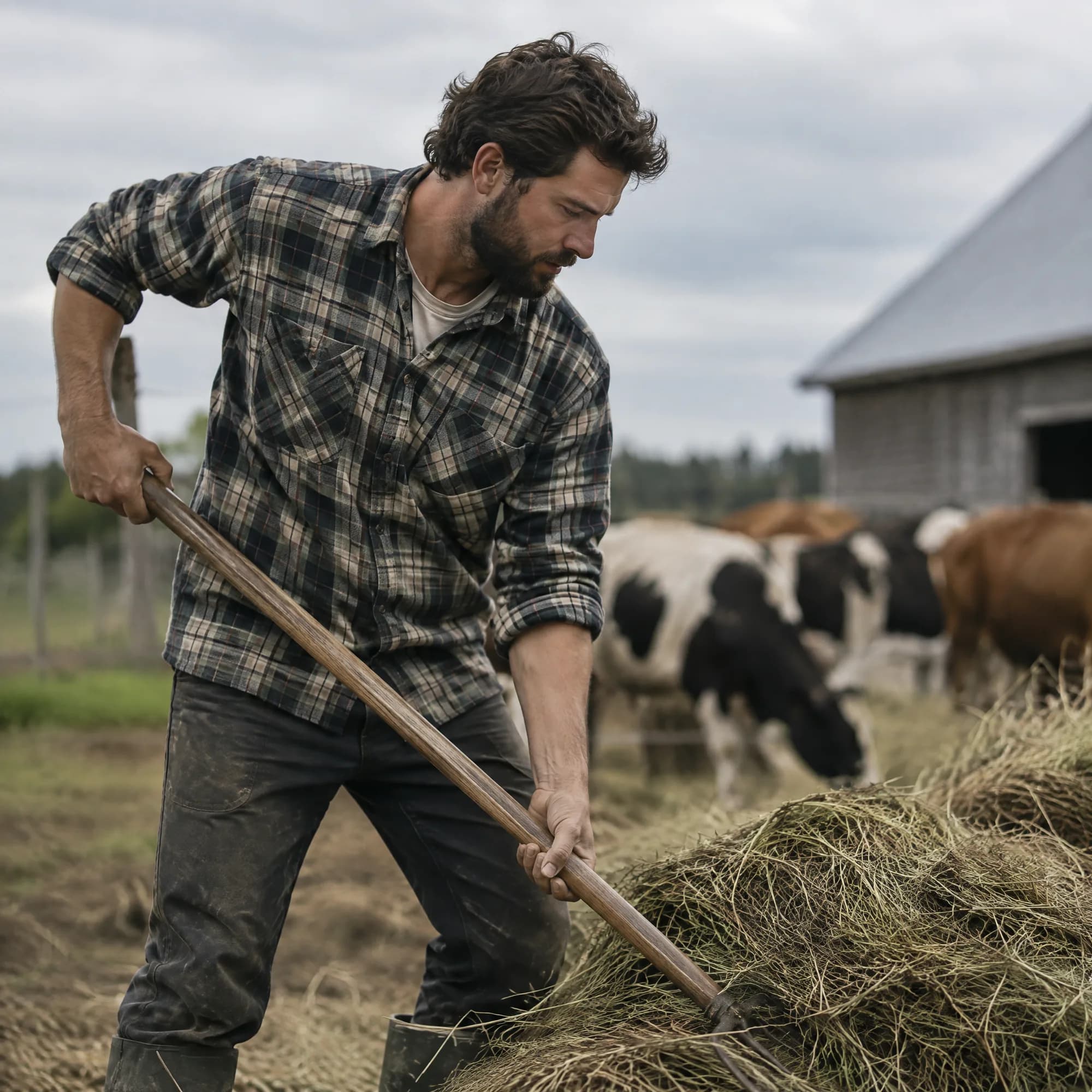 Un producteur en pâturage québécois, lumière douce de fin de journée.