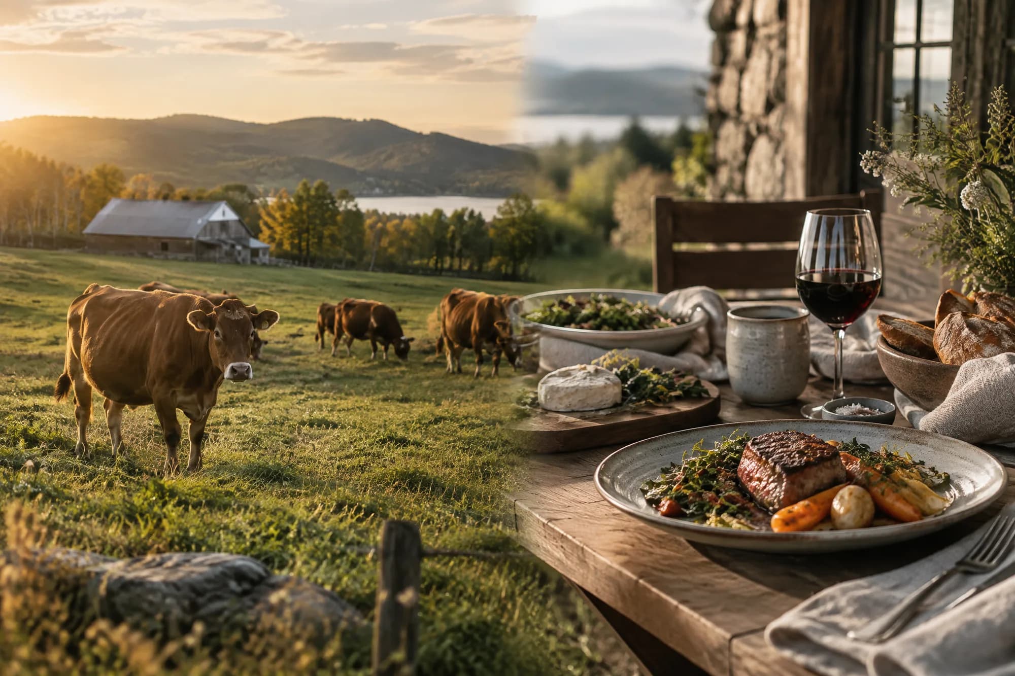 Composition qui relie une scène agricole québécoise à une table dressée de produits préparés.