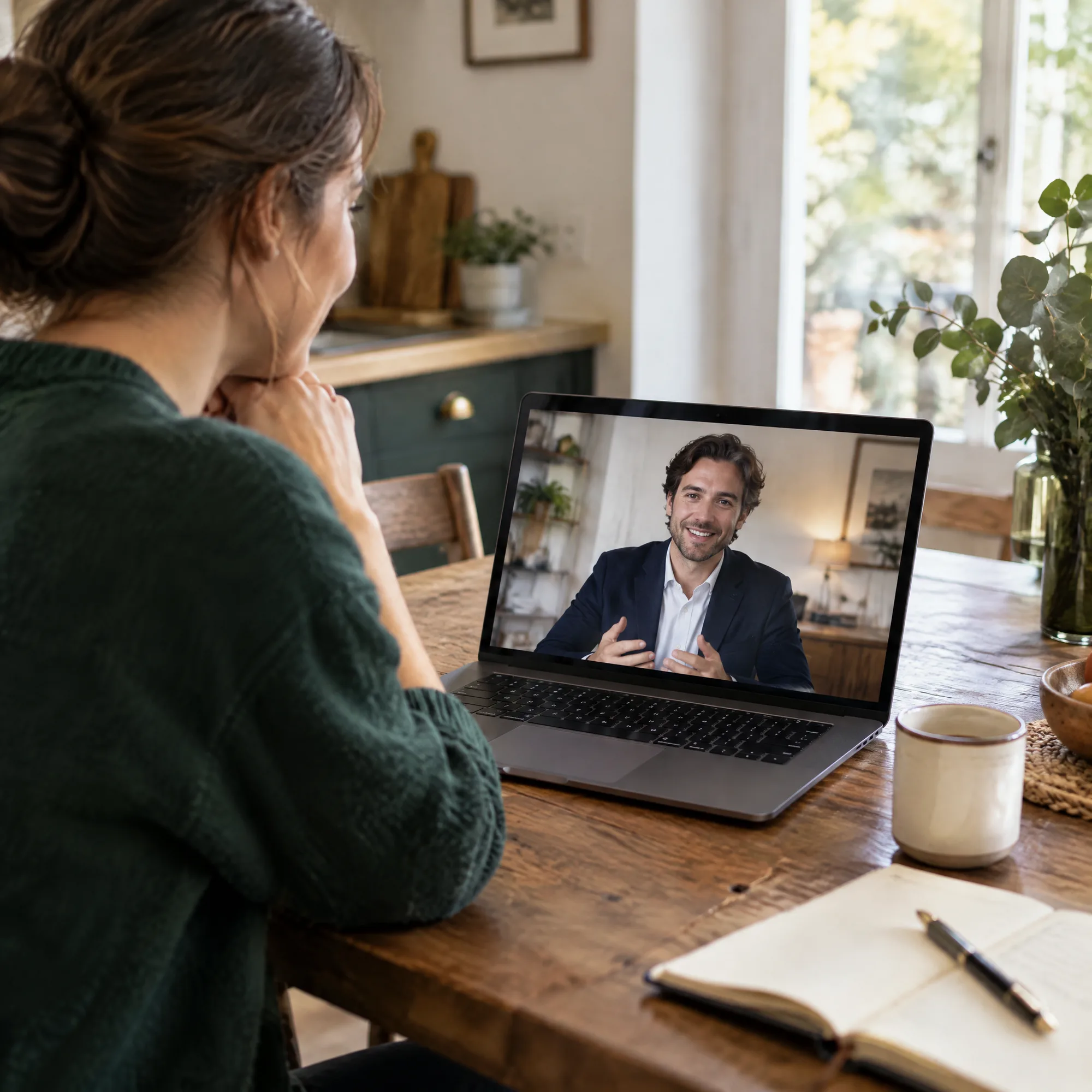 Un client de face à sa table de cuisine pendant une rencontre en visioconférence.