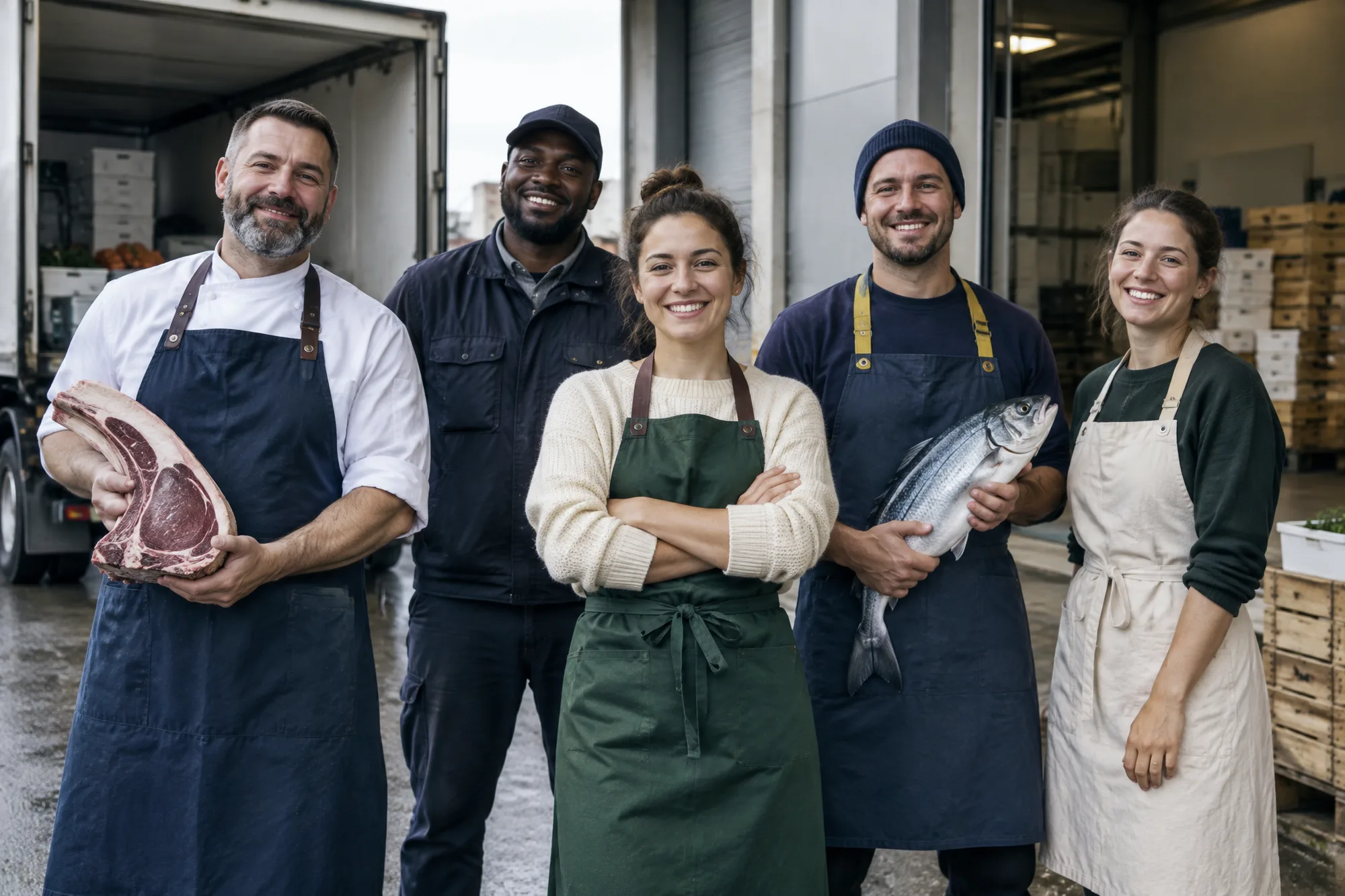 L'équipe réunie à l'atelier : bouchers, poissonniers, préparateurs et chauffeur.