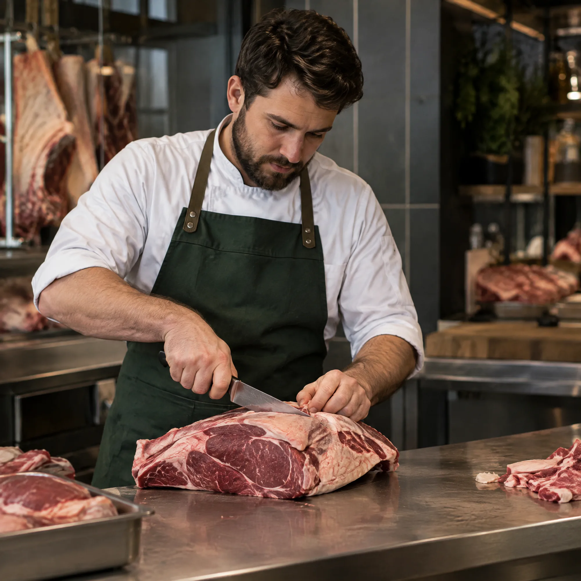 Un boucher portionne une pièce de viande au comptoir.