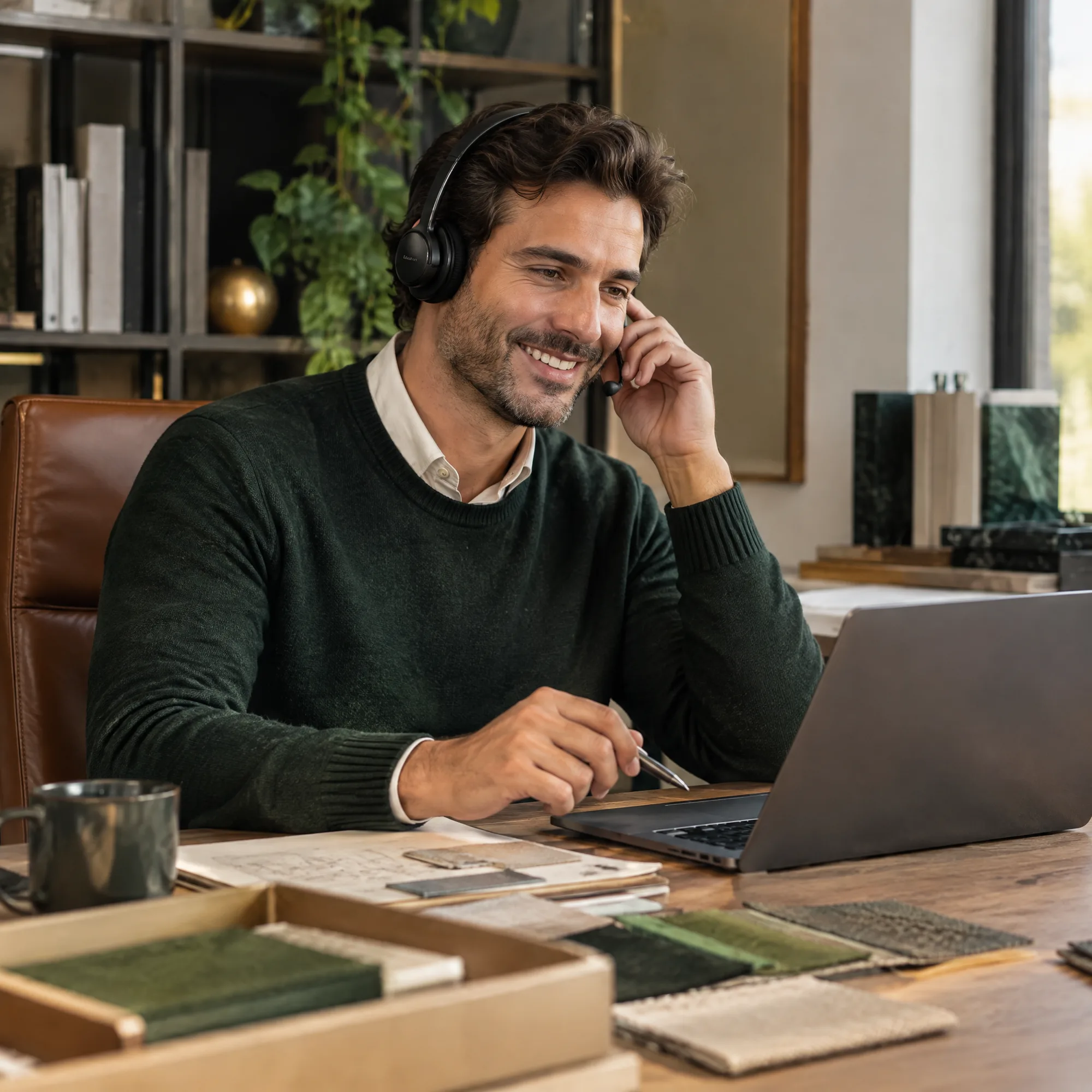 Un représentant au bureau, casque d'écoute et ordinateur portable, prêt à répondre.