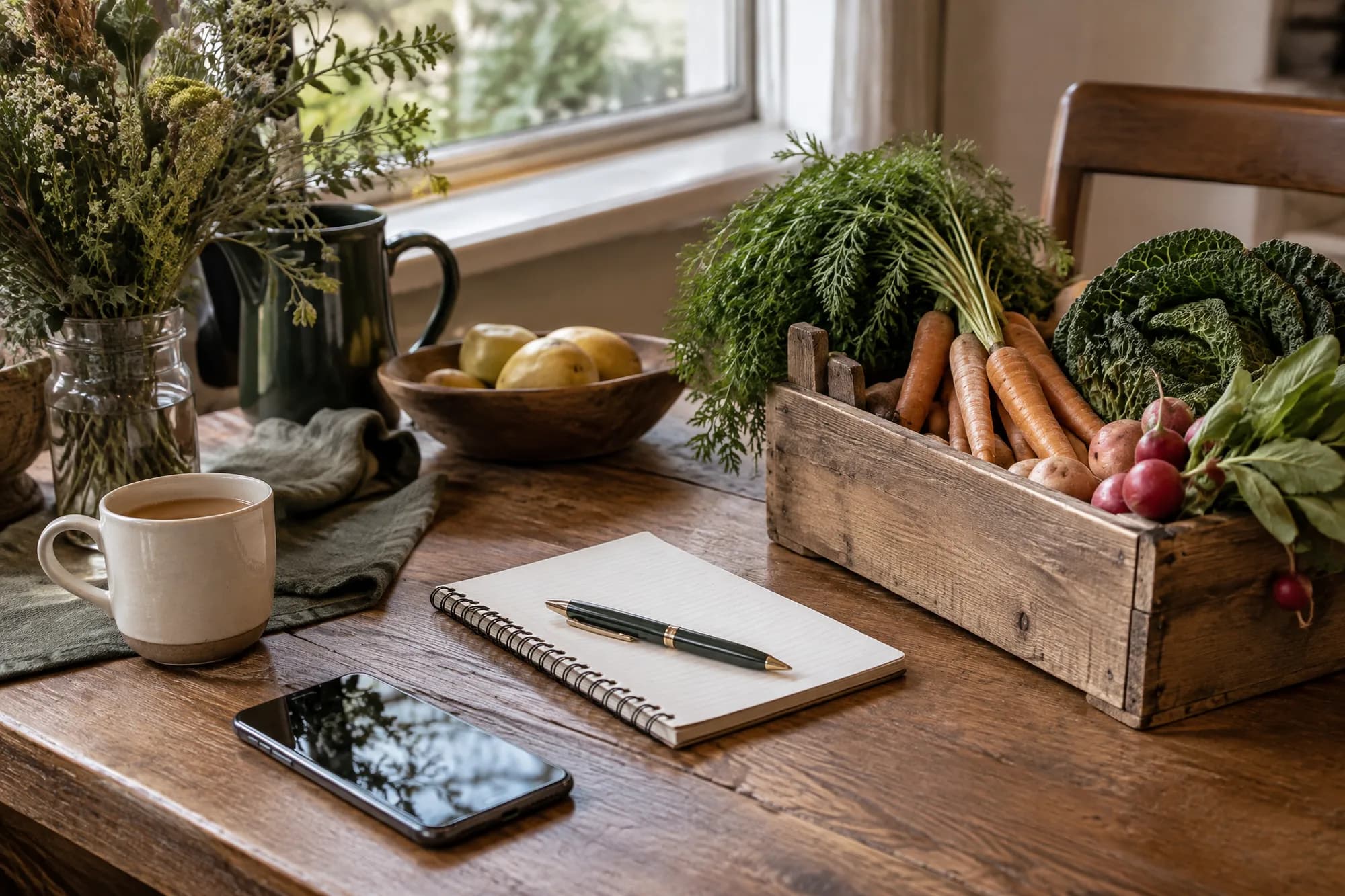 Plongée sur un bureau en bois : téléphone, calepin et une petite caisse de produits frais régionaux.