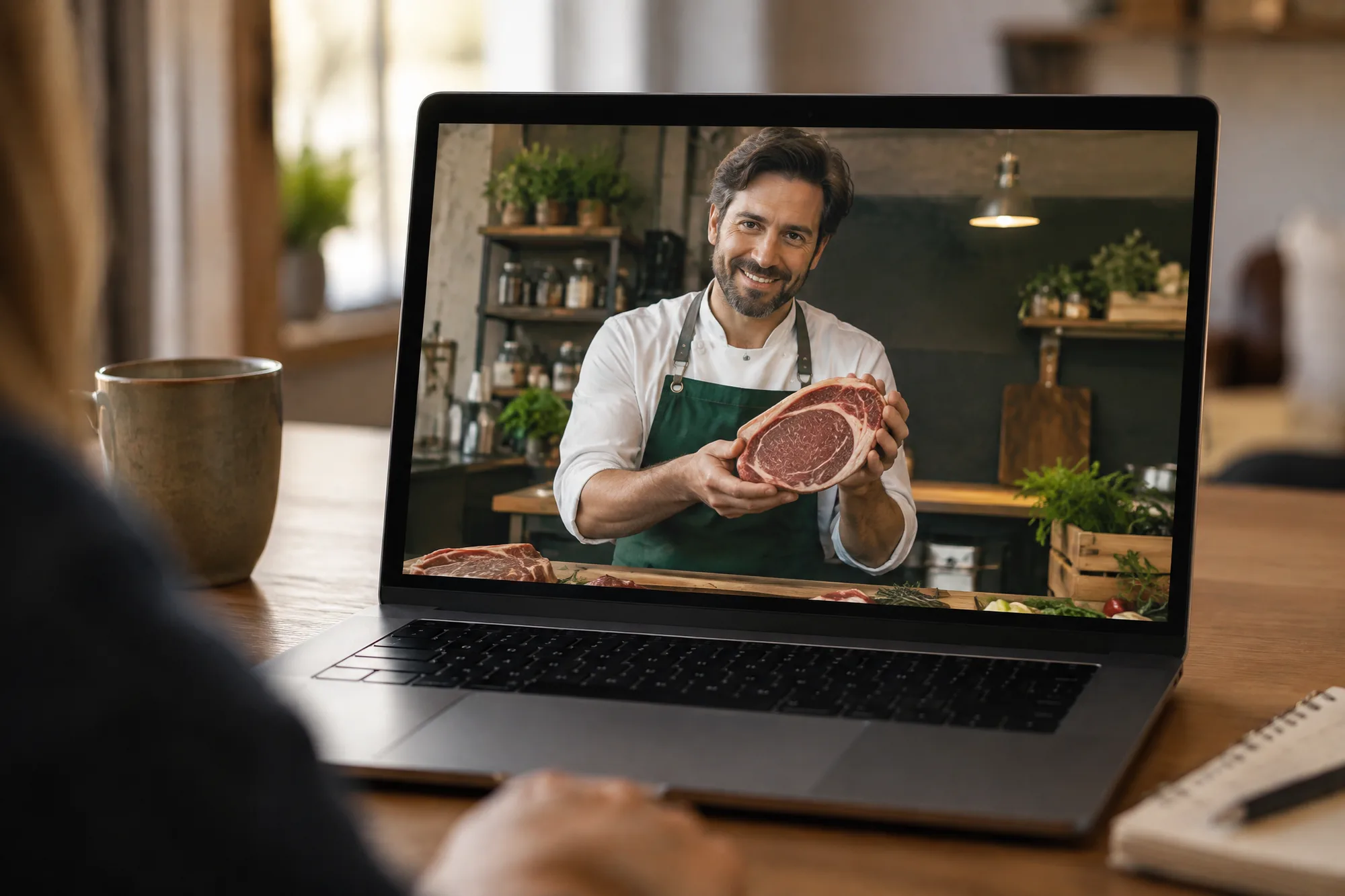 Vue du point de vue d'un client pendant un appel vidéo : un représentant présente une pièce de viande à la caméra.