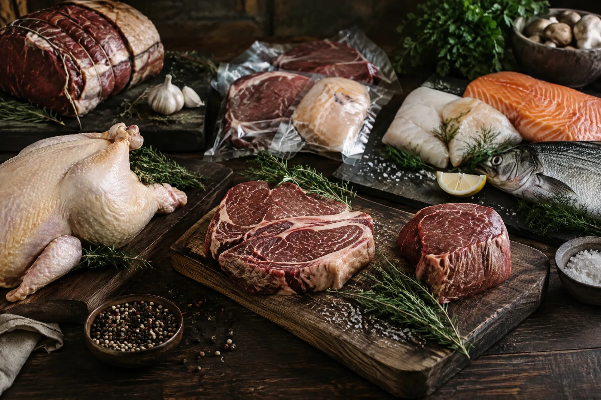 Étalage éditorial de produits régionaux frais : bœuf, volaille et poisson, sur bois foncé.