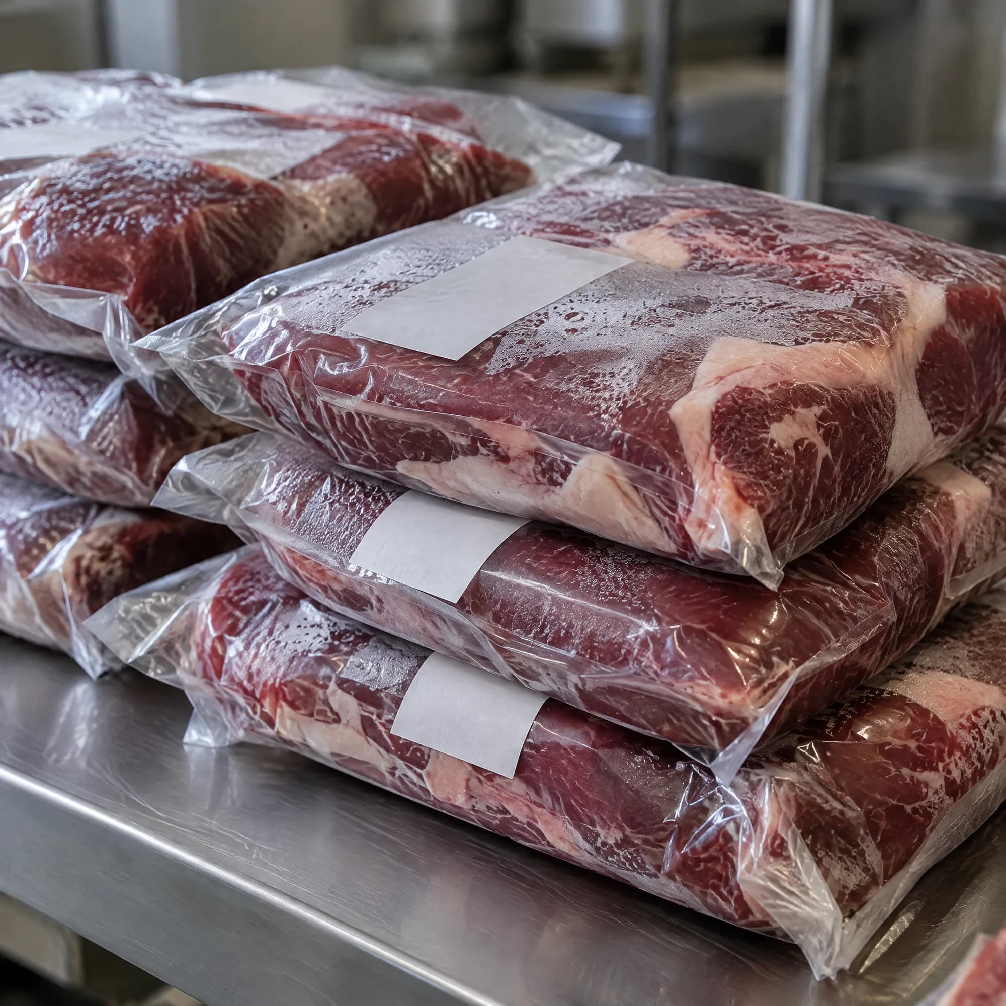 Paquets de viande sous vide empilés, étiquettes visibles.