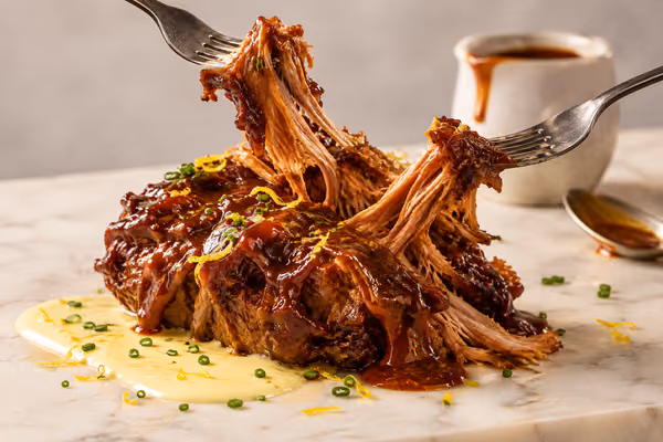 Porc effiloché à la sauce BBQ chipotle, cuit,, une fois apprêté
