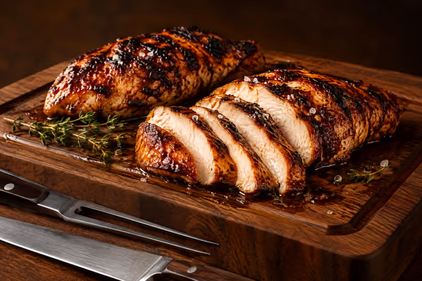 Poitrines de poulet marinées BBQ, une fois apprêté